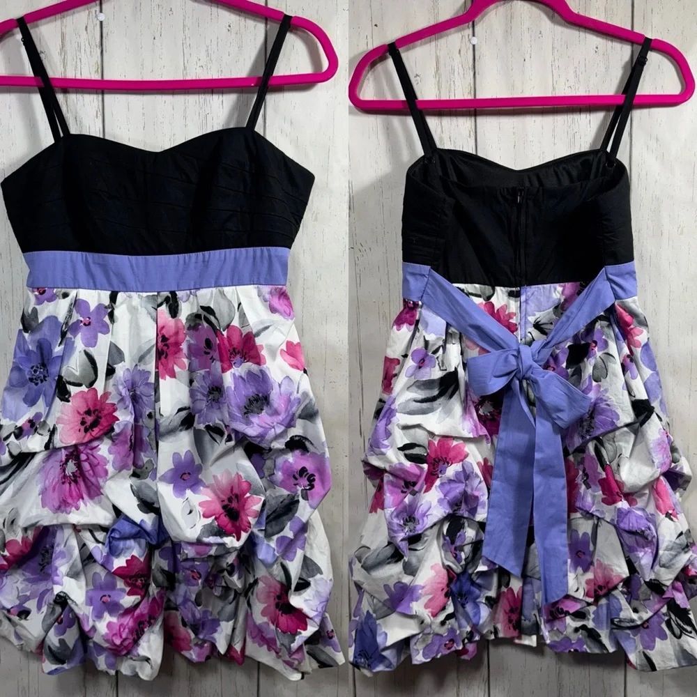 IZ Byer Strapless Floral Party Dress Size 11 Purple Pink Ruffle Bubble Hem Y2K